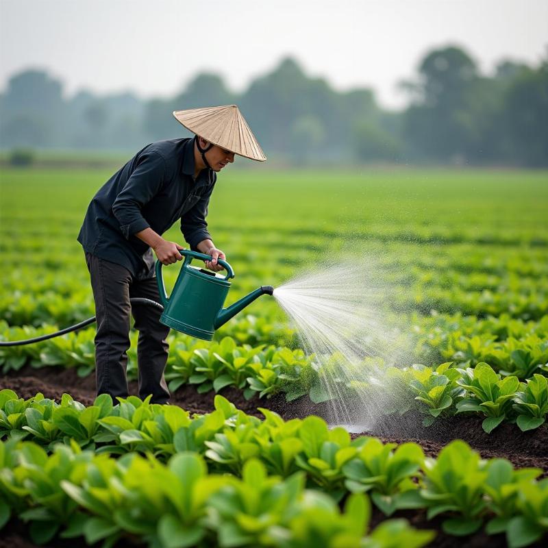 Nong dan dang tuoi nuoc cho luong cay sai dat trong vuon, the hien ky thuat cham soc thuc te
